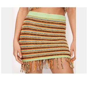 Nasty Gal Striped Crochet Knit Fringe Hem Mini Skirt Women's Size L New